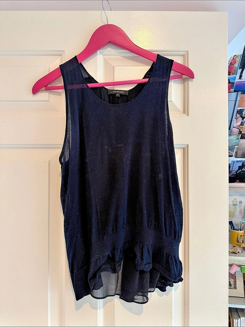 Vintage Y2K Thakoon Black Ruffled Hem sheer knit top Size Medium